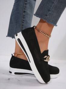 Zapatos Planos Decorados Con Cadena Y Parte Superior De Punto Transpirable Con Agujeros, Para Caminar Al Aire Libre, Zapatillas Deportivas Casuales Ligeras Y Transpirables - Negro - Ver 3