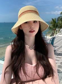 波西米亞風格1入女款高爾文字母編織漏斗帽，防紫外線，適合戶外活動、旅遊、度假和沙灘，男女適用，適合春夏日常配戴，附蝴蝶結 - 拼色 - 查看 9