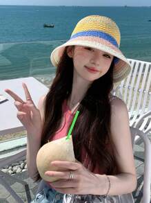 波西米亞風格1入女款高爾文字母編織漏斗帽，防紫外線，適合戶外活動、旅遊、度假和沙灘，男女適用，適合春夏日常配戴，附蝴蝶結 - 拼色 - 查看 7