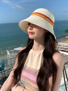 波西米亞風格1入女款高爾文字母編織漏斗帽，防紫外線，適合戶外活動、旅遊、度假和沙灘，男女適用，適合春夏日常配戴，附蝴蝶結 - 拼色 - 查看 2