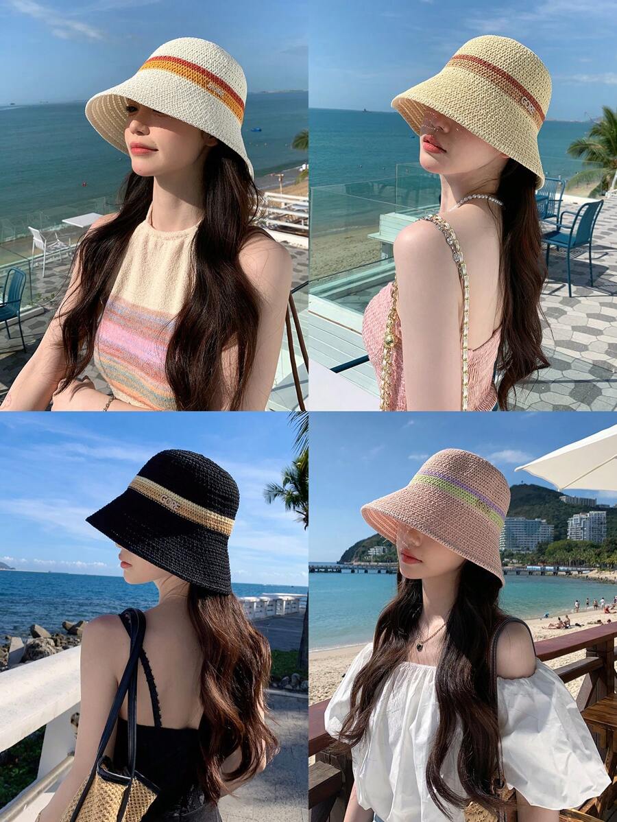 波西米亞風格1入女款高爾文字母編織漏斗帽，防紫外線，適合戶外活動、旅遊、度假和沙灘，男女適用，適合春夏日常配戴，附蝴蝶結 - 拼色 - 查看 1