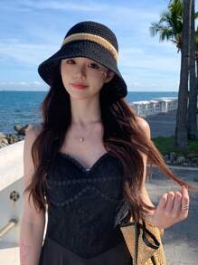 波西米亞風格1入女款高爾文字母編織漏斗帽，防紫外線，適合戶外活動、旅遊、度假和沙灘，男女適用，適合春夏日常配戴，附蝴蝶結 - 拼色 - 查看 5