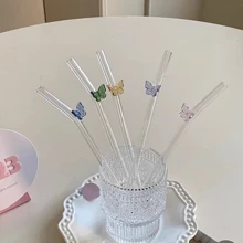2pcs Colorful Butterfly Shaped Heat-Resistant Glass Straws, Bent Reusable Straws For Girls To Avoid Hot Drinks And Stains, Perfect For Bubble Tea, Juices, And Milk,Kitchen,Christmas Gift