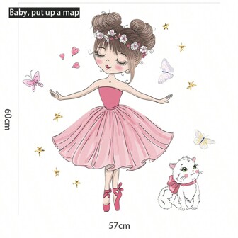 1pc Self-Adhesive Cartoon Dance Girl, Cat And Butterfly Wall Sticker For Bedroom, Living Room And Home Decor, Stickers, Wall Decal, Vinyl Decal For Home Decorations, Spring Decoration Items Refresh Your Home, Rama Decoration Stickers Gifts Birthday Graduation