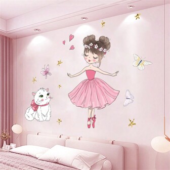 1pc Self-Adhesive Cartoon Dance Girl, Cat And Butterfly Wall Sticker For Bedroom, Living Room And Home Decor, Stickers, Wall Decal, Vinyl Decal For Home Decorations, Spring Decoration Items Refresh Your Home, Rama Decoration Stickers Gifts Birthday Graduation