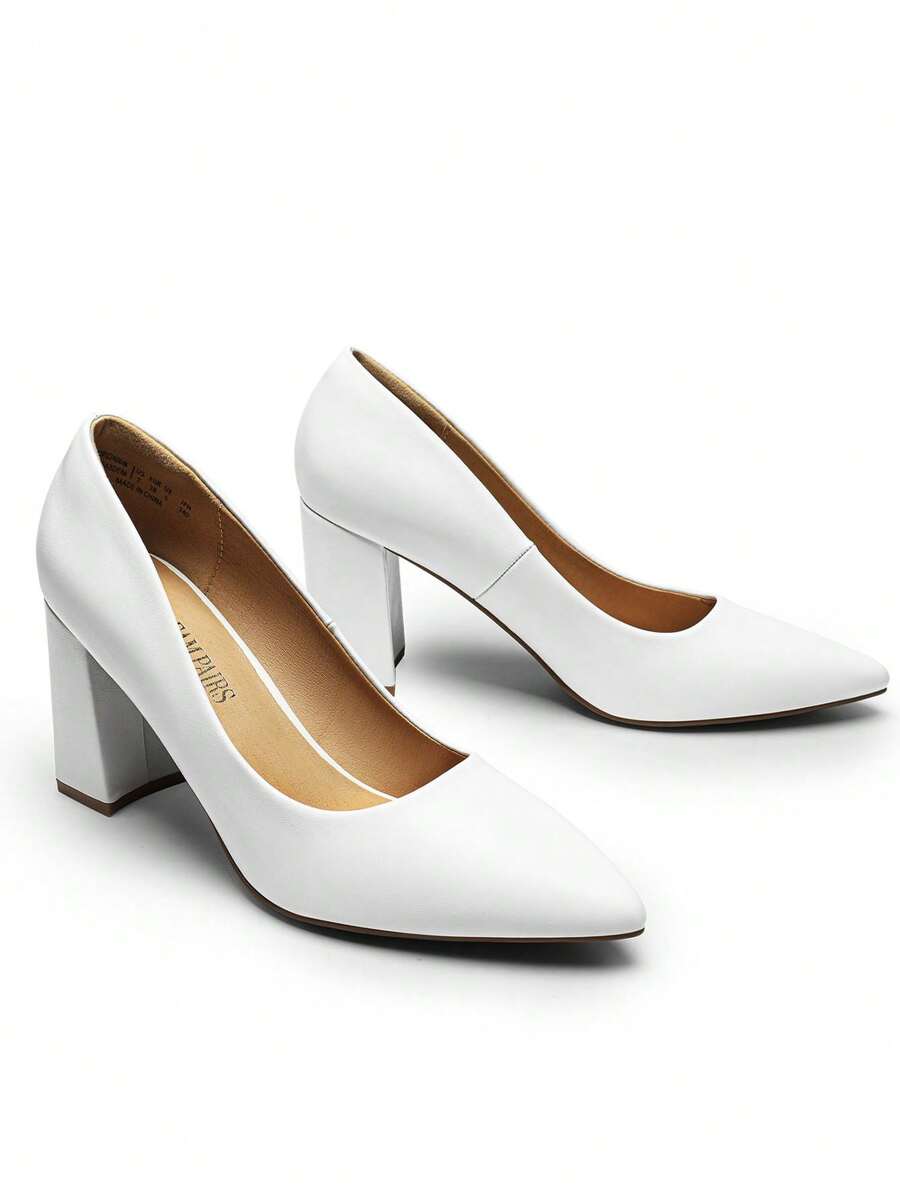 Women's High Heels Pointed Toe Chunky Heeled Block Classic Slip On For Spring Wedding Casual Or Formal Occasions Dress Pumps Shoes - 白色 - 查看 1