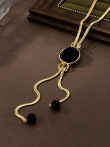 1pc Elegant Luxury Round Pull-Out Design Chain High-Quality Glass Pendant Long Sweater Necklace