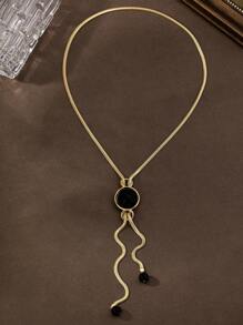 1pc Elegant Luxury Round Pull-Out Design Chain High-Quality Glass Pendant Long Sweater Necklace