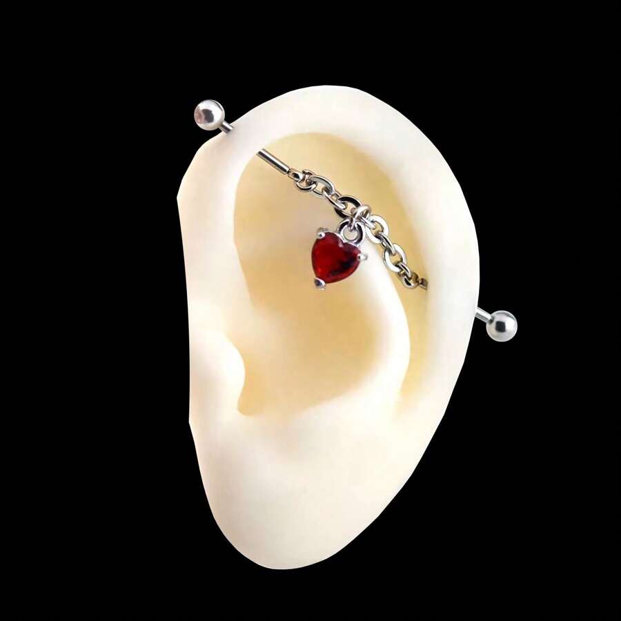 1PC Floating Industrial Piercing Barbell With Chain CZ Dangle Stainless Steel Ear Piercing Helix Piercing Body Jewelry - Heart - View 1