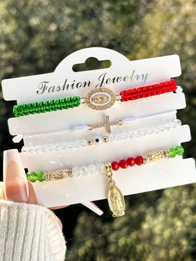4pcs/Set Fashion Mexican Series Cross Virgin Mary Bracelets With Card, Red White Green Braided Bracelet Adjustable Women's Bracelet  Christmas Gift