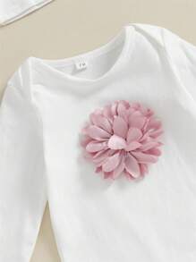 Baby Mädchen Kleidung Set mit langem Arm, 3D Blume, einfarbiger Romper & Mütze, Rundhals Outfit