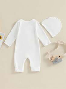 Baby Mädchen Kleidung Set mit langem Arm, 3D Blume, einfarbiger Romper & Mütze, Rundhals Outfit