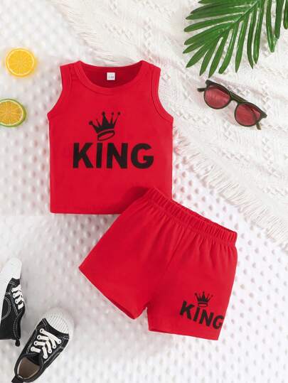 男婴夏季休闲运动沙滩风皇冠字母印花上衣和短裤套装，2件套