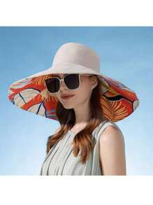 1 Pc Large Brim Reversible Bucket Hats Floral Printed Bucket Hat Basin Hat Foldable Lightweight Sun Hats For Women