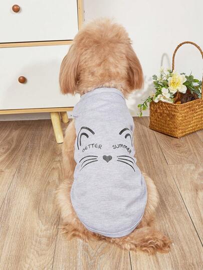 1件灰色猫咪字母蝴蝶结印花透气舒适宠物背心