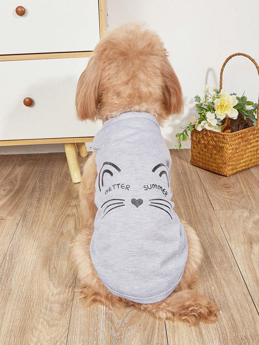 1件灰色猫咪字母蝴蝶结印花透气舒适宠物背心 - 彩色 - 查看 1