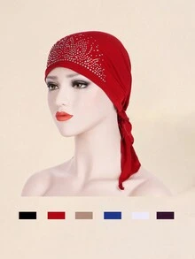 1 Khăn quấn đầu hình vòm màu trơn dành cho nữ có trang trí bằng kim cương giả, thích hợp để đeo hàng ngày, mũ hóa trị, khăn xếp kiểu tóc Hijab Bonnet - Nhiều màu - Xem 9