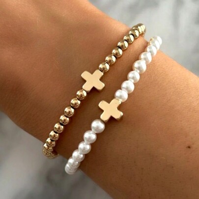 2pcs/Set Bohemian Vacation Style Handmade Woven Faux Pearl Plated 18K Gold Yellow Faux Pearl Cross Beaded Bracelet Summer Ocean Beach Gift Easter Gift