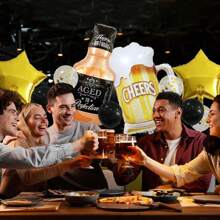 23pcs Wiskey Bottle And Beer Cup Black Gold Star Shaped Foil Balloon With Black Gold Color Latex Sequin Balloon For Birthday Party Decoration Happy Bday Celebration Of Any Age Or Year, Christmas - Champagne - View 3