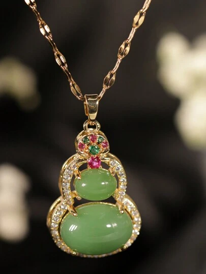 1條金鏈帶來好運的鈦鋼綠色葫蘆石和彩色立方氧化鋯項鍊,適合女性派對配件,情侶禮物