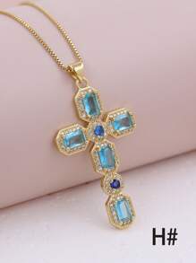 1 Peça de colar de pingente de cruz de Zircônia Cúbica Multicolorido em forma de olho com micro pavê de luxo, feito em Cobre e banhado em Ouro 18K, Joia de Colar Feminina