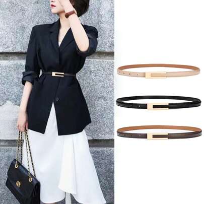 1pc Vintage Thin Waist Belt With Geometric Shape Metal Decor Buckle, Simple, Fashionable, Versatile, Suitable For Skirts, Suits, S And Elegant Women Summer, School Fall, Autumn, Halloween