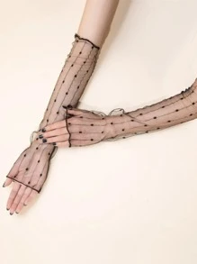 1pair Polka Dot & Gold Thread Flowy Lace Gloves For Women, Suitable For Daily Decoration, Parties, Weddings Halloween Wedding Summer - Black - View 3