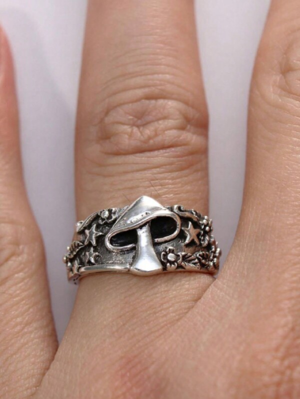 1 Pieza Anillo Vintage Para Mujer Con Diseño De Hongo, Estrella Y Hoja