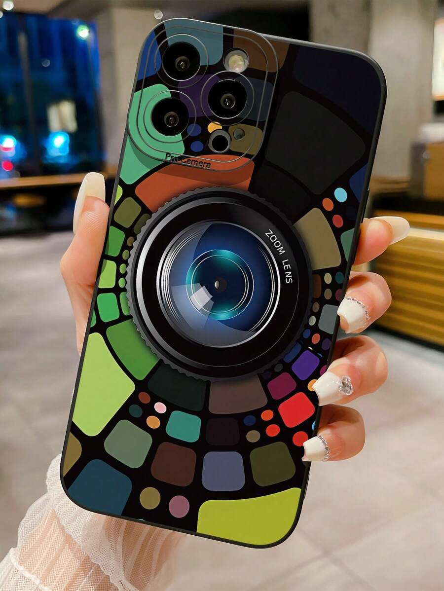 1pc Fun Camera Lens Pattern Protective Phone Case Compatible With IPhone, Samsung, Xiaomi/Redmi, Oppo/Realme, Vivo, Infinix - Black - View 1