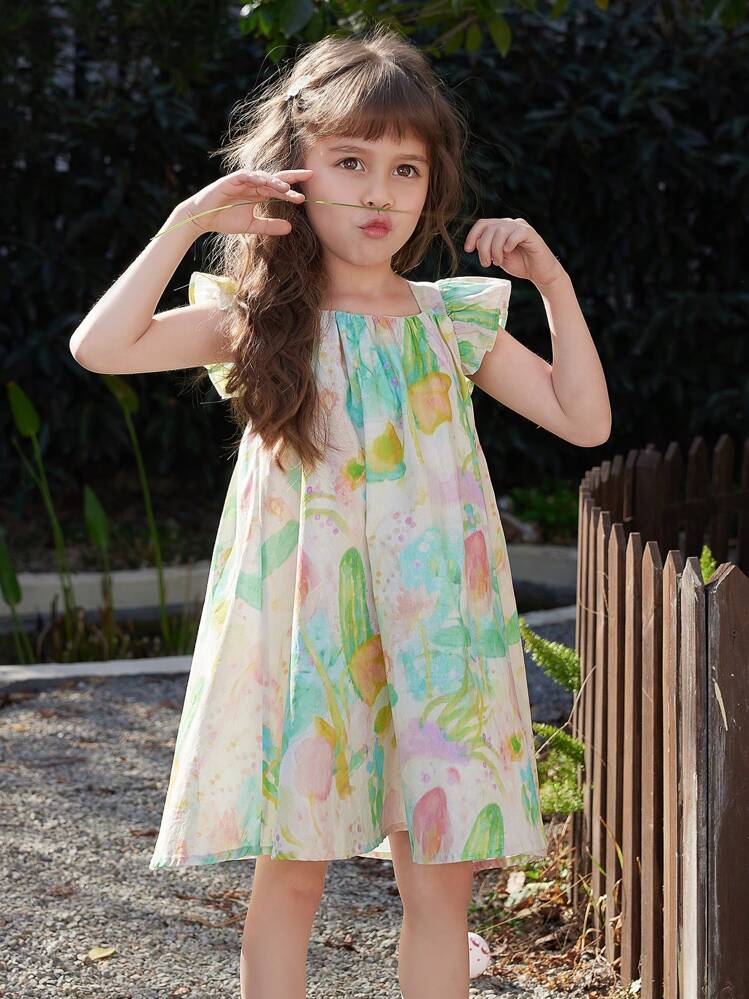 Vestido de verano con estampado floral para niña con cuello cuadrado, mangas con volantes y dobladillo amplio - Multicolor - Añade 4