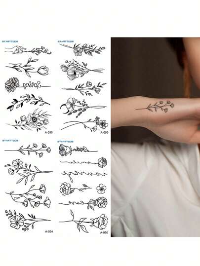 STARTTOOS ملصق وشم مؤقت من فئة فن الخط الزهري الأسود الحد الأدنى 4 أوراق/عبوة لأصابع أو معصم أو أذن أو أجزاء جسم صغيرة أخرى، مدة الصمود تصل إلى 3-5 أيام تاتو تاتو ابيض ملصق ووشمشم وشم ملصق وشم وشم