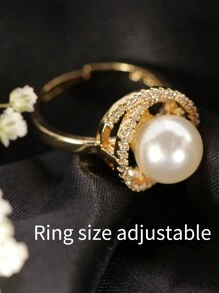 1 chiếc nhẫn hở trang trí bằng ngọc trai giả có dây xoắn ốc và đá giả nhỏ, kích thước có thể điều chỉnh, phù hợp với trang phục lễ hội, tiệc tùng và công sở của phụ nữ - Vàng - Xem 2