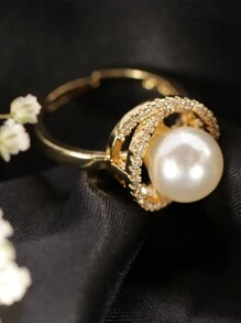1 chiếc nhẫn hở trang trí bằng ngọc trai giả có dây xoắn ốc và đá giả nhỏ, kích thước có thể điều chỉnh, phù hợp với trang phục lễ hội, tiệc tùng và công sở của phụ nữ - Vàng - Xem 1