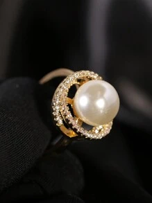 1 chiếc nhẫn hở trang trí bằng ngọc trai giả có dây xoắn ốc và đá giả nhỏ, kích thước có thể điều chỉnh, phù hợp với trang phục lễ hội, tiệc tùng và công sở của phụ nữ - Vàng - Xem 7