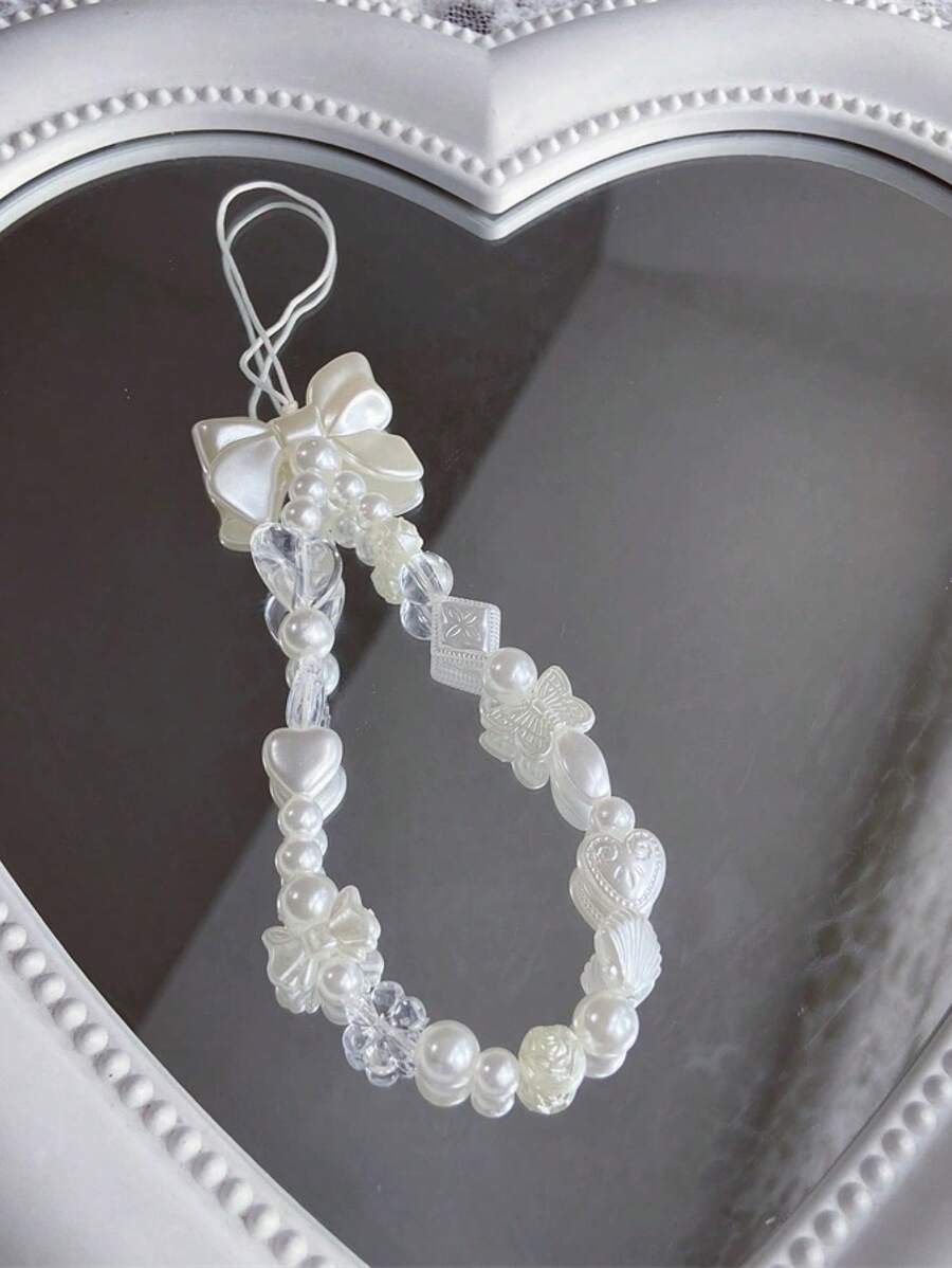 White-Line Butterfly & Heart Shaped Mobile Phone Case Lanyard For Fashionable Women, Diy Camera Chain Gifts For Mother, Family, Friends, Birthday, Holiday Phone Charm, Phone Chain - 白色 - 查看 1