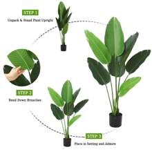 4FT Artificial Bird Of Paradise Plant,Fake Banana Leaf Plant For Indoors And Outdoors,Tropical Palm Tree With 7 Trunks In Pot,Perfect Faux Plant For Home Indoor Outdoor Office Modern Decor - 綠色 - 查看 3