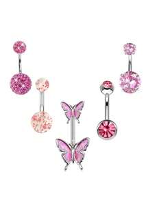 5pcs Dangle Belly Button Rings Cute Pink Heart Stainless Steel Belly Piercing Jewelry  Resever Rings For Women Navel Piercing Jewelry - Belly ring - View 9