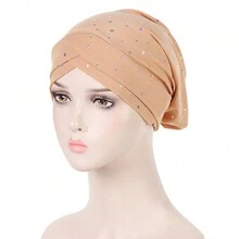 1 件裝女式純色雙交叉水鑽裝飾頭巾帽、圍巾帽 - A - 查看 10