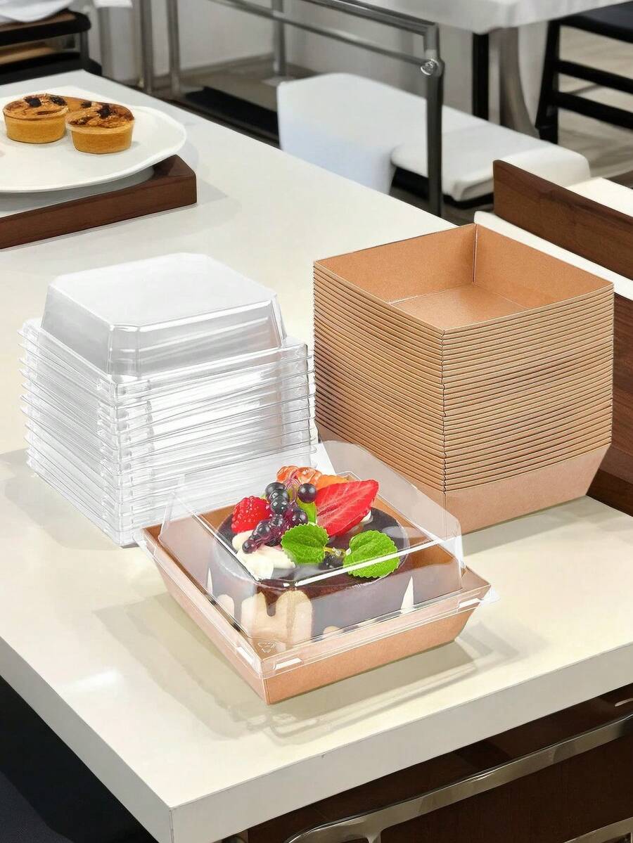 20入組三明治包裝盒,方形紙塑料容器,適用於糕點、蛋糕、肉鬆和海產品 - 棕色 - 查看 1