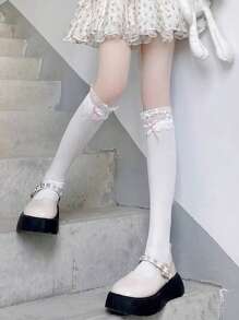 1pc Thin & Sweet Lace Trimmed Bowknot Decor Knee-High Socks