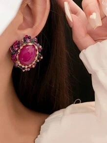 1對925純銀夾石橢圓形粉色仿水晶耳釘,時尚復古女性耳飾,適用於節日派對 - 玫紅色 - 查看 3