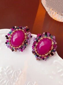 1對925純銀夾石橢圓形粉色仿水晶耳釘,時尚復古女性耳飾,適用於節日派對 - 玫紅色 - 查看 1