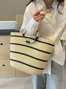 春夏新款大容量草编包休闲百搭女士托特包手提包购物袋条纹圆柄大包 - 米色 - 查看 4