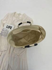 春夏新款大容量草编包休闲百搭女士托特包手提包购物袋条纹圆柄大包 - 米色 - 查看 3