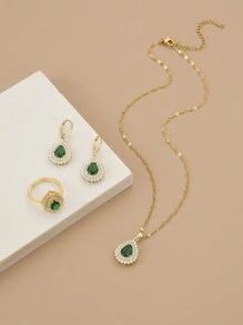 1pc Micro Inlaid Cz Stainless Steel Women's Necklace, 1pair Cz Inlaid Women's Earrings, 1pc Cz Inlaid Women's Ring