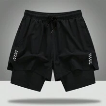 男友风格男士夏季速干跑步训练健身篮球短裤，二合一设计 - 黑色 - 查看 1