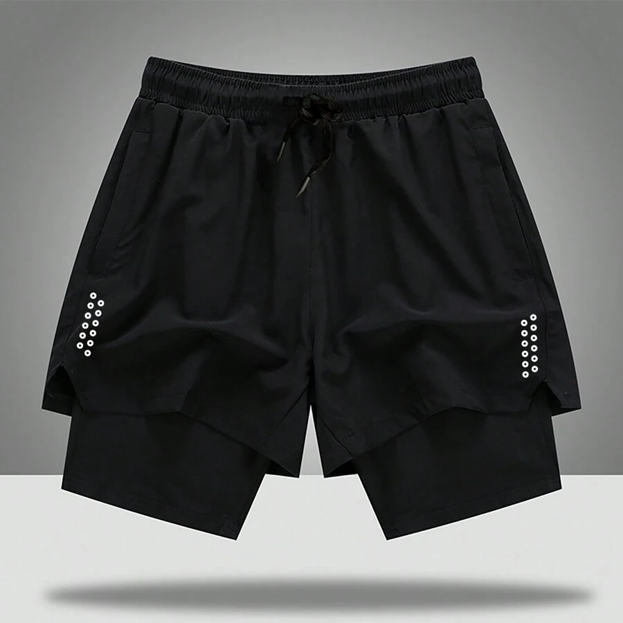 男友风格男士夏季速干跑步训练健身篮球短裤，二合一设计 - 黑色 - 查看 1