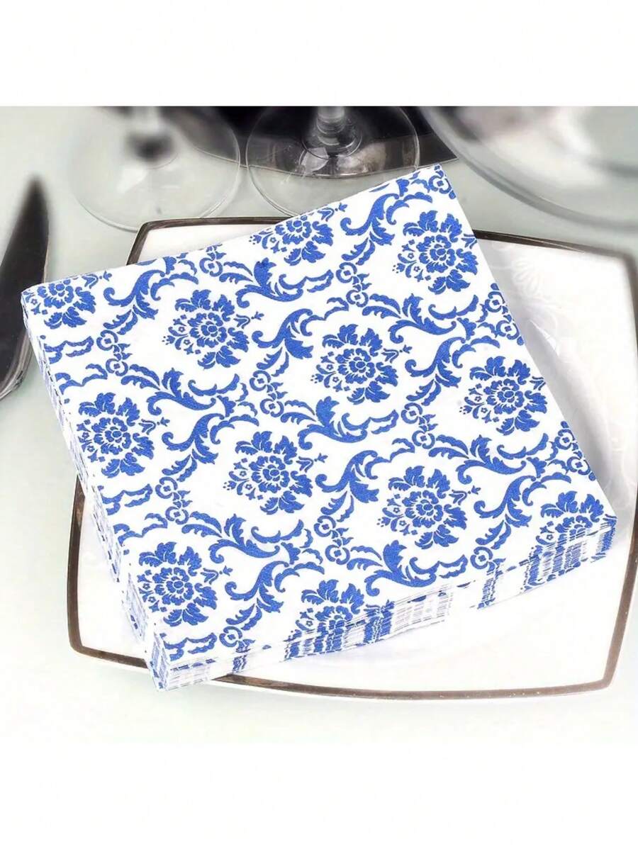 20 Sheets/Pack Blue And White Porcelain Pattern Napkins, Disposable Napkins For Hotel Wedding Banquet Mats, Chinese Style Printed Paper For Dining, Party Supplies, Table Decors - Blue and White - View 1