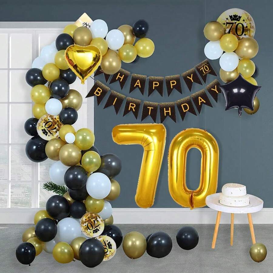 黑金生日氣球套裝,適用於男女70歲生日派對裝飾,包含生日快樂橫幅、紙做的波波花、心形箔氣球、星形箔氣球、生日快樂字樣噴印氣球、照片道具 - 70歲 - 查看 1