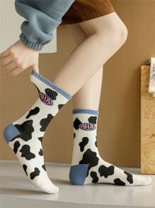1 par de calcetines de media caña con estampado de vaca y letras de moda para mujer, otoño - Multicolor - Ver 2